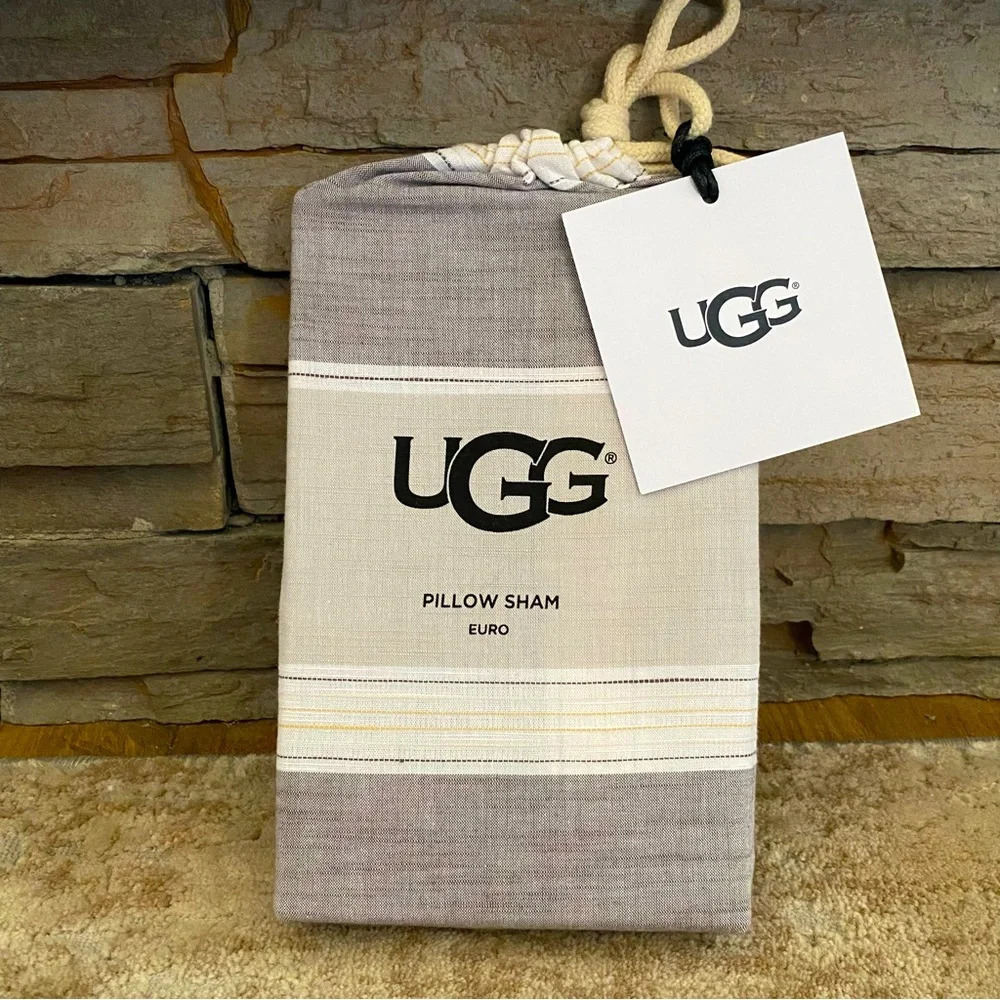 UGG Euro Pillow Sham Oxford Stripe Gray Multi 100% Cotton 26”x26”